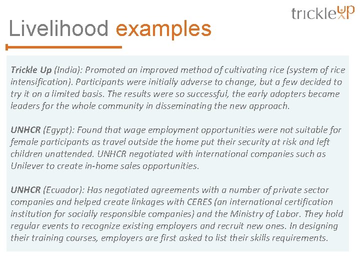 Livelihood examples Trickle Up (India): Promoted an improved method of cultivating rice (system of