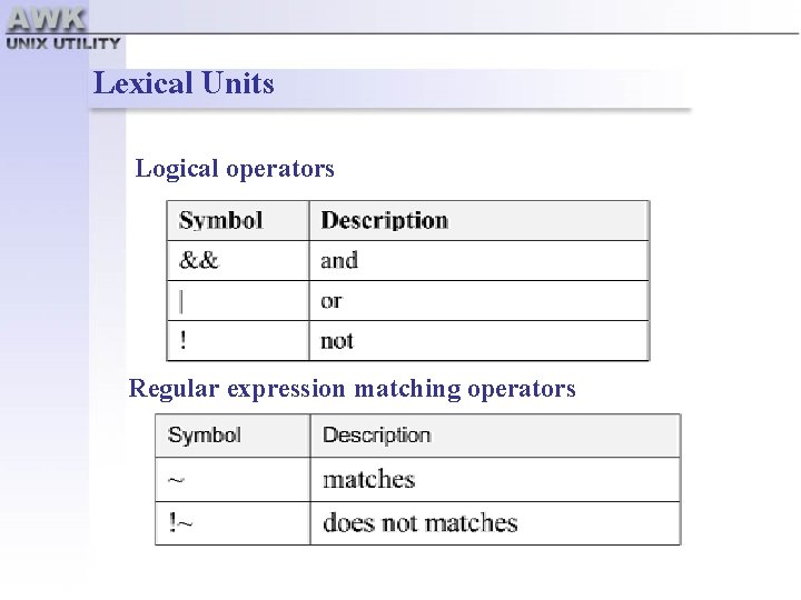 Lexical Units Logical operators Regular expression matching operators 