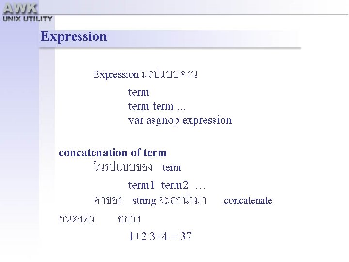 Expression มรปแบบดงน term. . . var asgnop expression concatenation of term ในรปแบบของ term 1