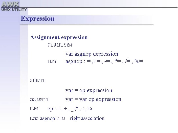 Expression Assignment expression รปแบบของ เมอ var asgnop expression asgnop : = , += ,