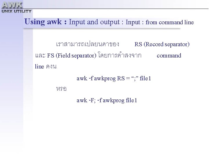 Using awk : Input and output : Input : from command line เราสามารถเปลยนคาของ RS