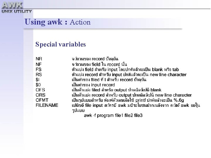 Using awk : Action Special variables 