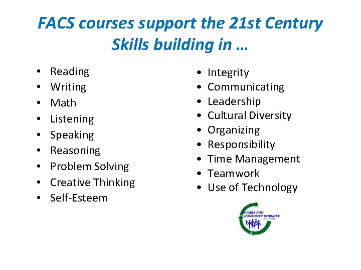 FACS courses support the 21 st Century Skills building in … • • •