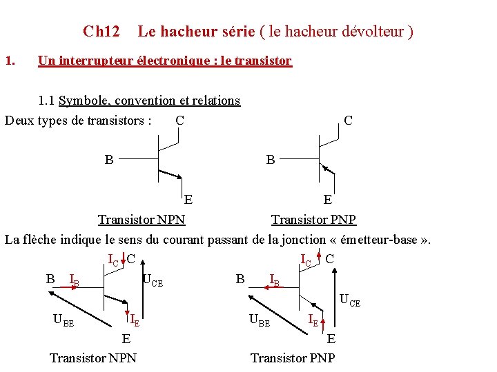 Ch 12 1. Le hacheur série ( le hacheur dévolteur ) Un interrupteur électronique