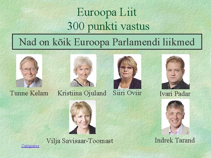 Euroopa Liit 300 punkti vastus Nad on kõik Euroopa Parlamendi liikmed Tunne Kelam Categories