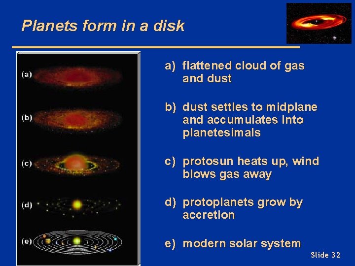 Planets form in a disk a) flattened cloud of gas and dust b) dust