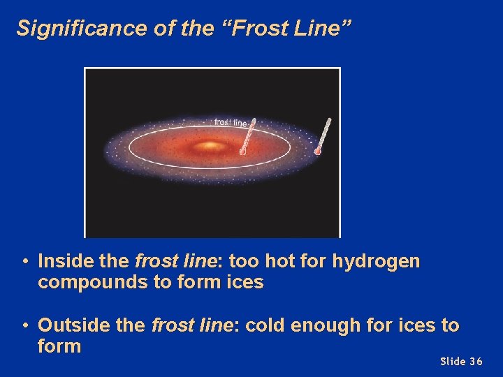 Significance of the “Frost Line” • Inside the frost line: too hot for hydrogen