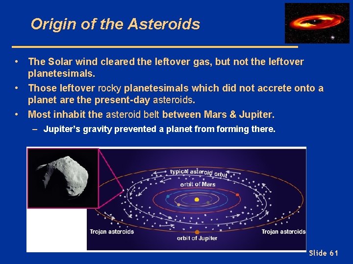 Origin of the Asteroids • The Solar wind cleared the leftover gas, but not