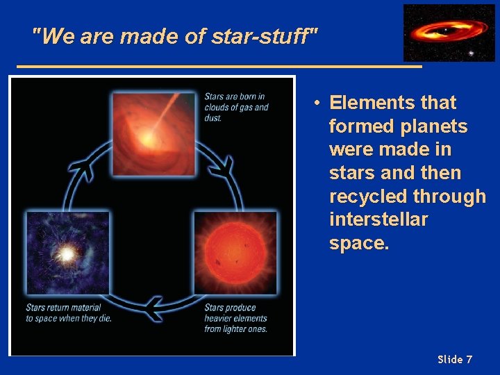 "We are made of star-stuff" • Elements that formed planets were made in stars