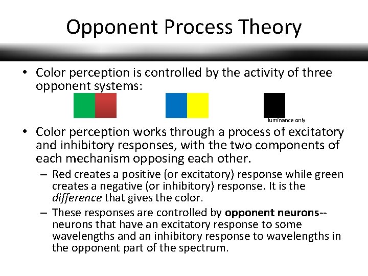 Opponent Process Theory • Color perception is controlled by the activity of three opponent Opponent Process Theory • Color perception is controlled by the activity of three opponent