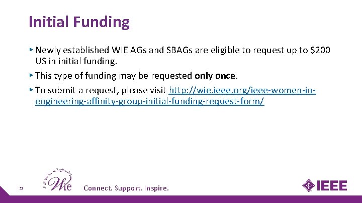 Initial Funding ▸ Newly established WIE AGs and SBAGs are eligible to request up Initial Funding ▸ Newly established WIE AGs and SBAGs are eligible to request up