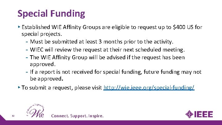 Special Funding ▸ Established WIE Affinity Groups are eligible to request up to $400 Special Funding ▸ Established WIE Affinity Groups are eligible to request up to $400