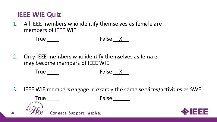 IEEE WIE Quiz 1. All IEEE members who identify themselves as female are members IEEE WIE Quiz 1. All IEEE members who identify themselves as female are members