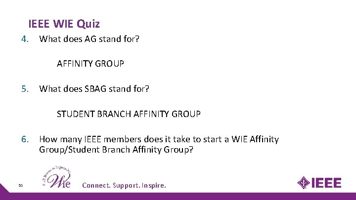 IEEE WIE Quiz 4. What does AG stand for? AFFINITY GROUP 5. What does IEEE WIE Quiz 4. What does AG stand for? AFFINITY GROUP 5. What does