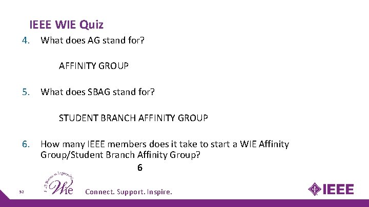 IEEE WIE Quiz 4. What does AG stand for? AFFINITY GROUP 5. What does IEEE WIE Quiz 4. What does AG stand for? AFFINITY GROUP 5. What does