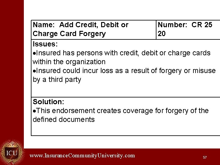 Name: Add Credit, Debit or Number: CR 25 Charge Card Forgery 20 Issues: Insured