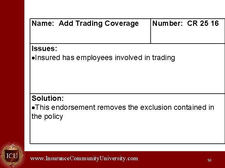 Name: Add Trading Coverage Number: CR 25 16 Issues: Insured has employees involved in