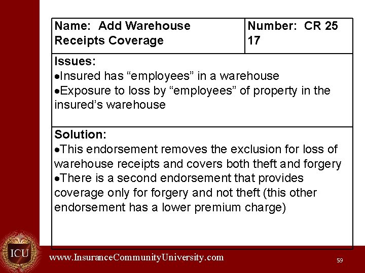Name: Add Warehouse Receipts Coverage Number: CR 25 17 Issues: Insured has “employees” in