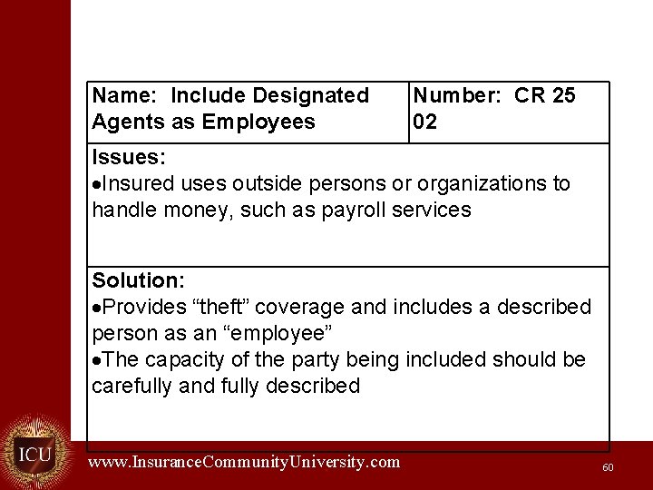 Name: Include Designated Agents as Employees Number: CR 25 02 Issues: Insured uses outside