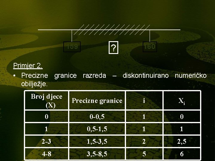 159 ? 160 Primjer 2. • Precizne granice razreda – diskontinuirano numeričko obilježje. Broj 159 ? 160 Primjer 2. • Precizne granice razreda – diskontinuirano numeričko obilježje. Broj