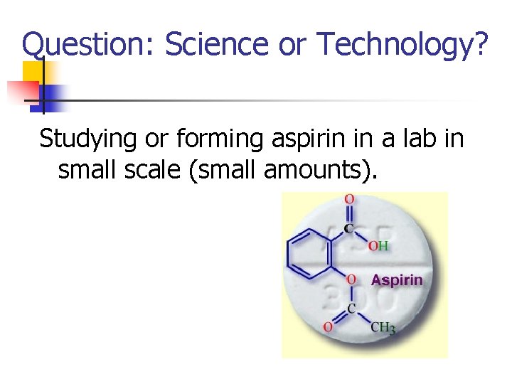 Question: Science or Technology? Studying or forming aspirin in a lab in small scale