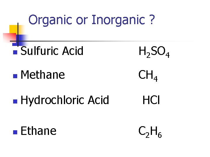 Organic or Inorganic ? n Sulfuric Acid H 2 SO 4 n Methane CH