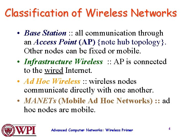 Classification of Wireless Networks • Base Station : : all communication through an Access