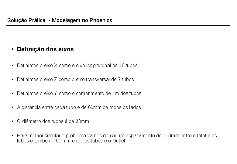 Solução Prática - Modelagem no Phoenics • Definição dos eixos • Definimos o eixo