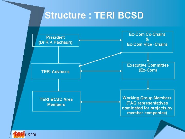 Structure : TERI BCSD President (Dr R K Pachauri) Ex-Com Co-Chairs & Ex-Com Vice