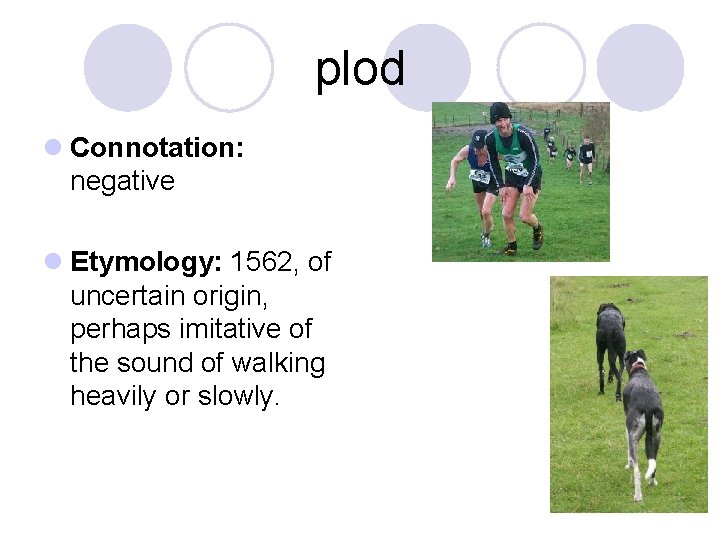 plod l Connotation: negative l Etymology: 1562, of uncertain origin, perhaps imitative of the