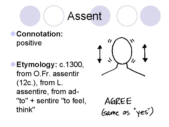Assent l Connotation: positive l Etymology: c. 1300, from O. Fr. assentir (12 c.