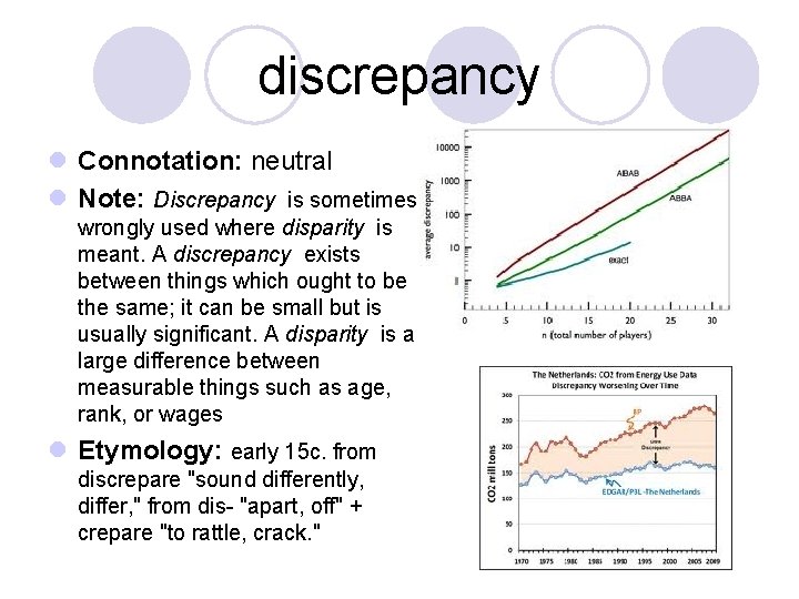 discrepancy l Connotation: neutral l Note: Discrepancy is sometimes wrongly used where disparity is