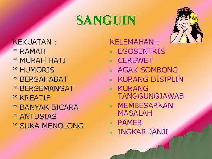 SANGUIN KEKUATAN : * RAMAH * MURAH HATI * HUMORIS * BERSAHABAT * BERSEMANGAT