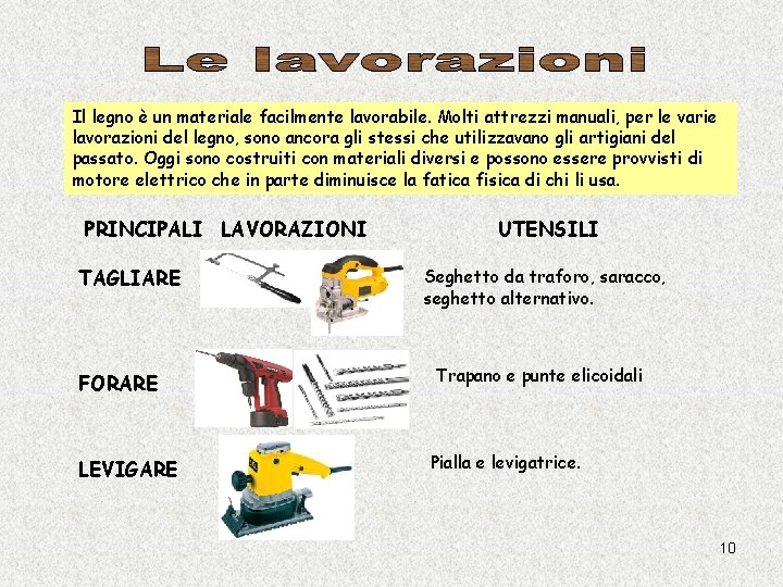 Il legno è un materiale facilmente lavorabile. Molti attrezzi manuali, per le varie lavorazioni