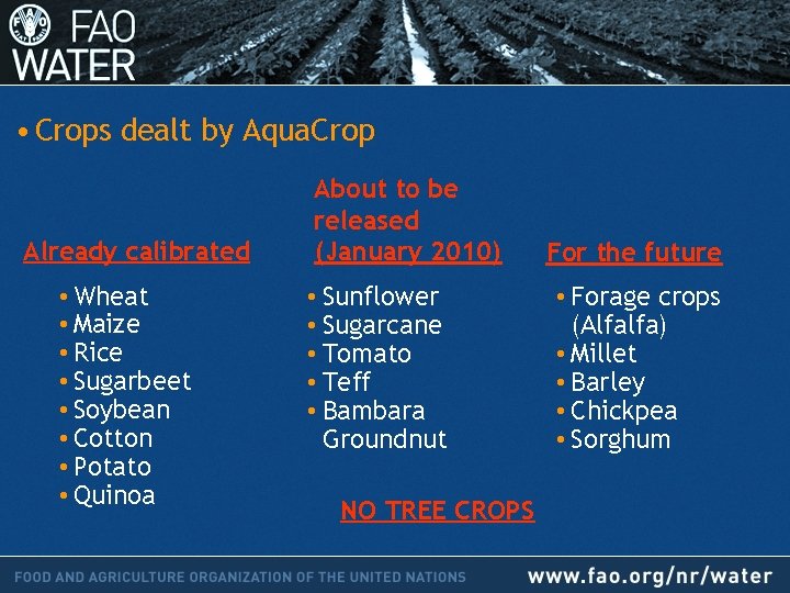  • Crops dealt by Aqua. Crop Already calibrated • Wheat • Maize •