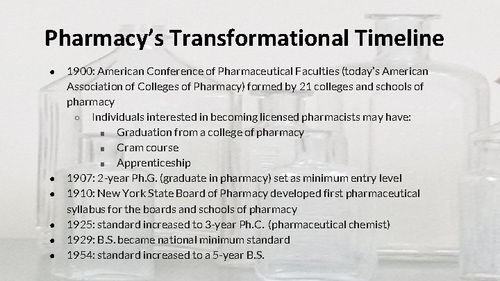 Pharmacy’s Transformational Timeline ● ● ● 1900: American Conference of Pharmaceutical Faculties (today’s American