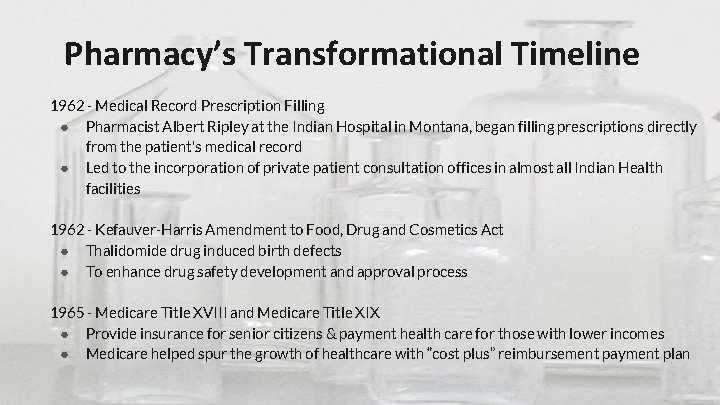 Pharmacy’s Transformational Timeline 1962 - Medical Record Prescription Filling ● Pharmacist Albert Ripley at