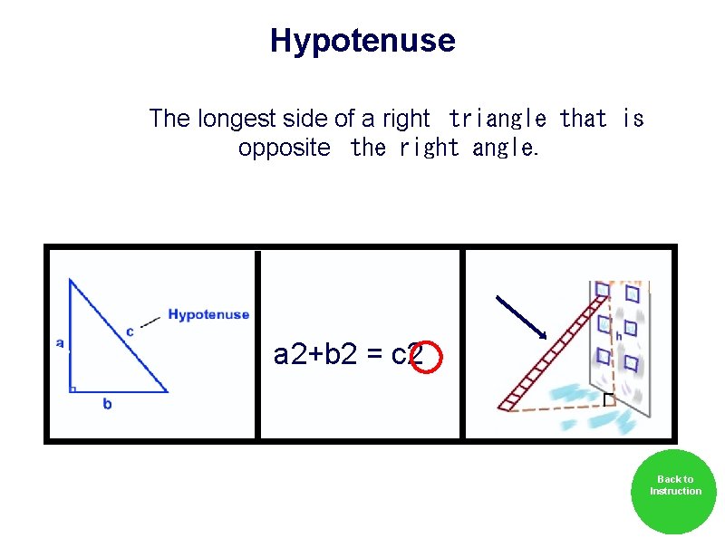 Hypotenuse The longest side of a right  triangle that is opposite  the right angle.