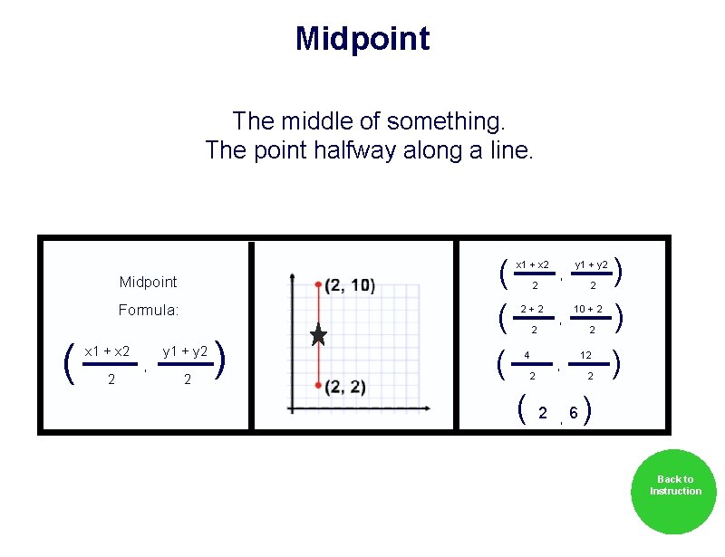 Midpoint The middle of something. The point halfway along a line. Midpoint Formula: (