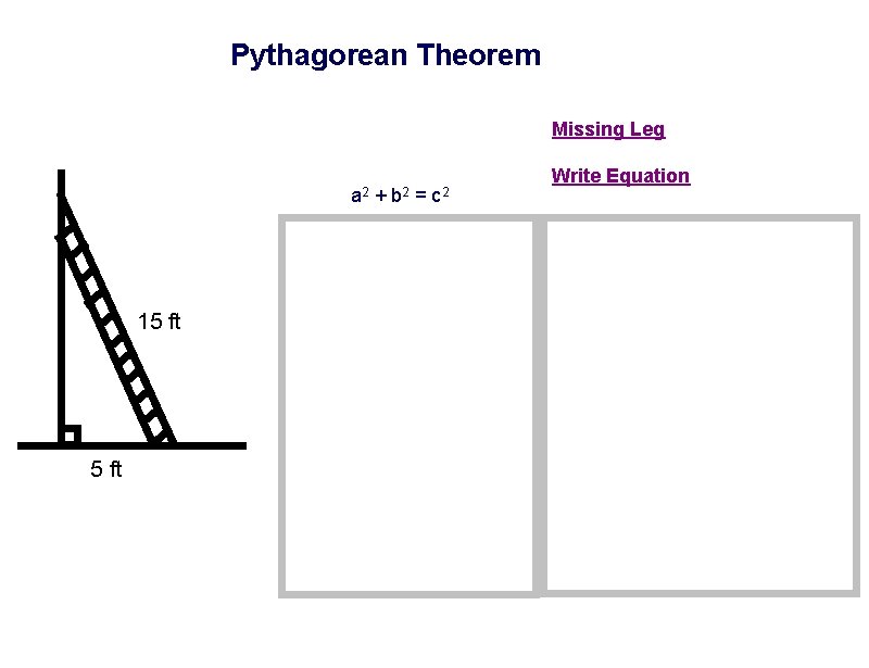 Pythagorean Theorem Missing Leg a 2 + b 2 = c 2 52 +