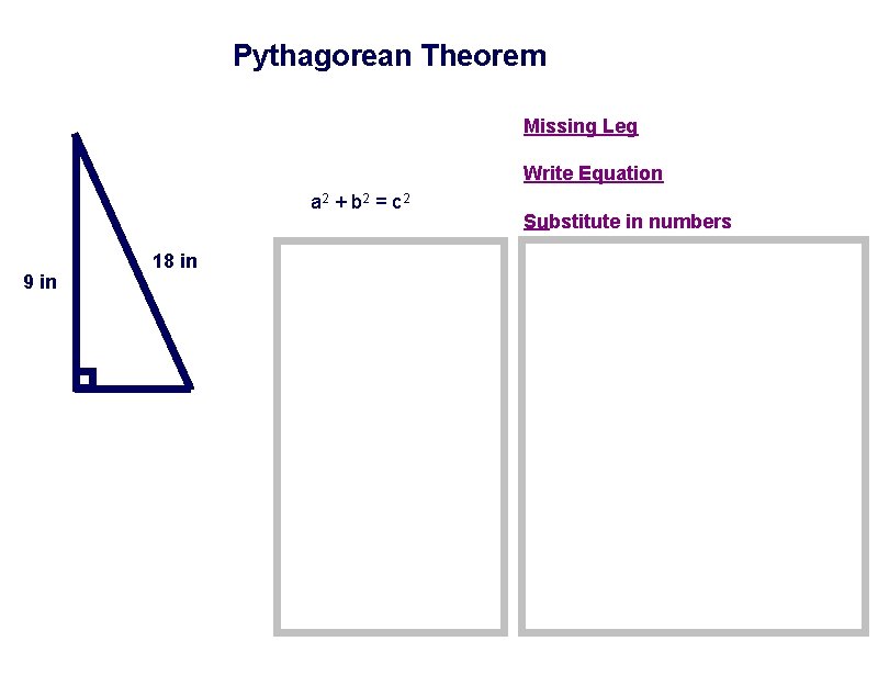 Pythagorean Theorem Missing Leg Write Equation a 2 + b 2 = c 2