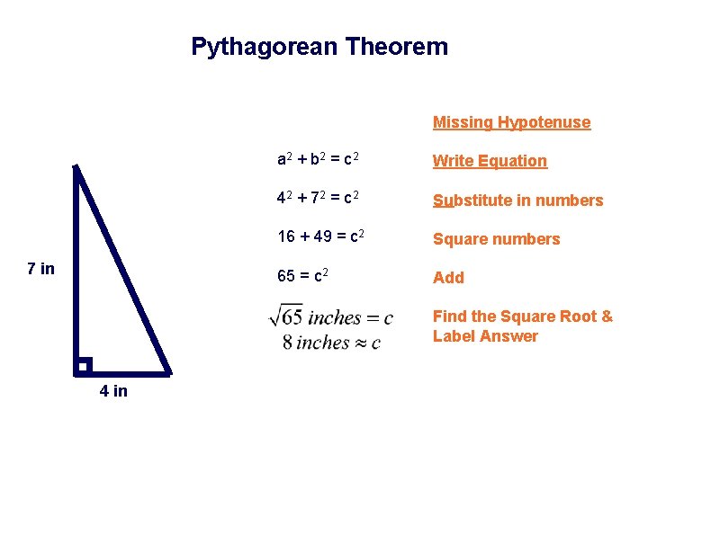 Pythagorean Theorem Missing Hypotenuse 7 in a 2 + b 2 = c 2