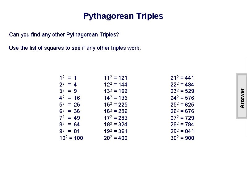 Pythagorean Triples Can you find any other Pythagorean Triples? 112 = 121 122 =