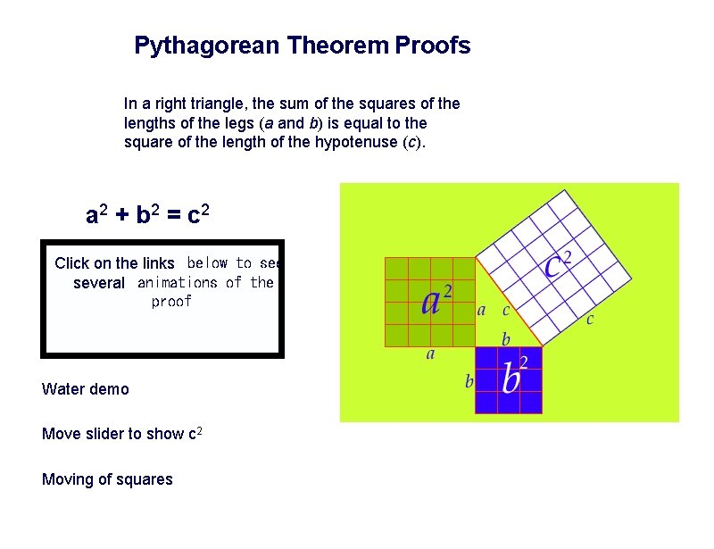 Pythagorean Theorem Proofs In a right triangle, the sum of the squares of the