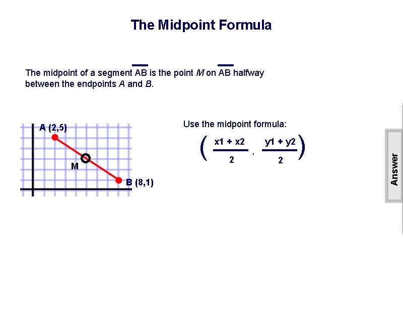 The Midpoint Formula The midpoint of a segment AB is the point M on