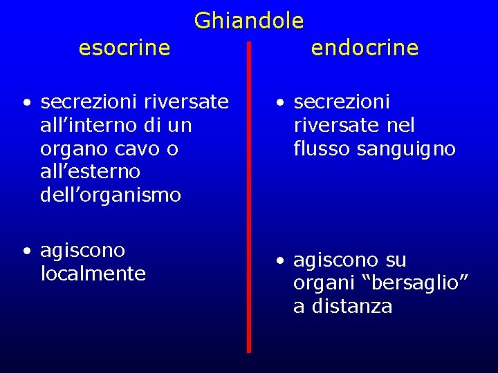 esocrine Ghiandole endocrine • secrezioni riversate all’interno di un organo cavo o all’esterno dell’organismo