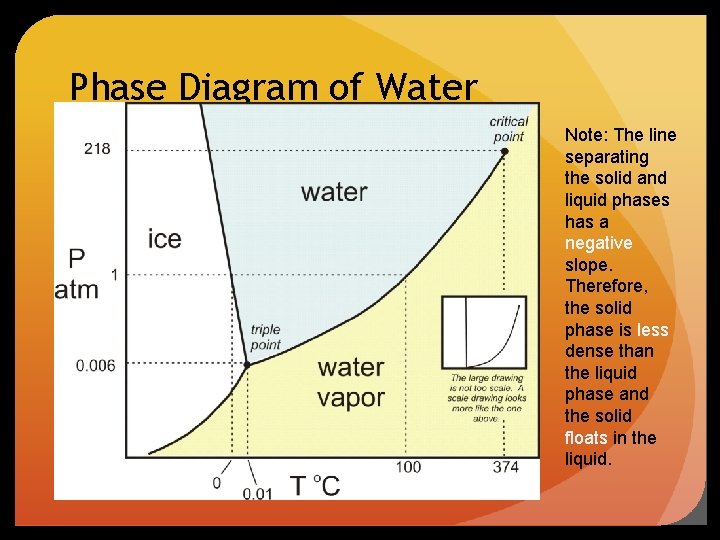 Phase Diagram of Water Note: The line separating the solid and liquid phases has