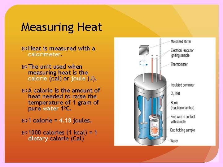 Measuring Heat is measured with a calorimeter. The unit used when measuring heat is