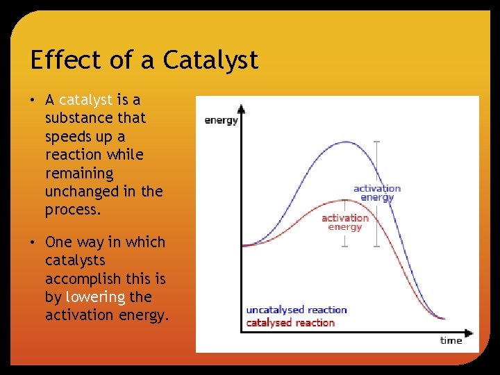 Effect of a Catalyst • A catalyst is a substance that speeds up a