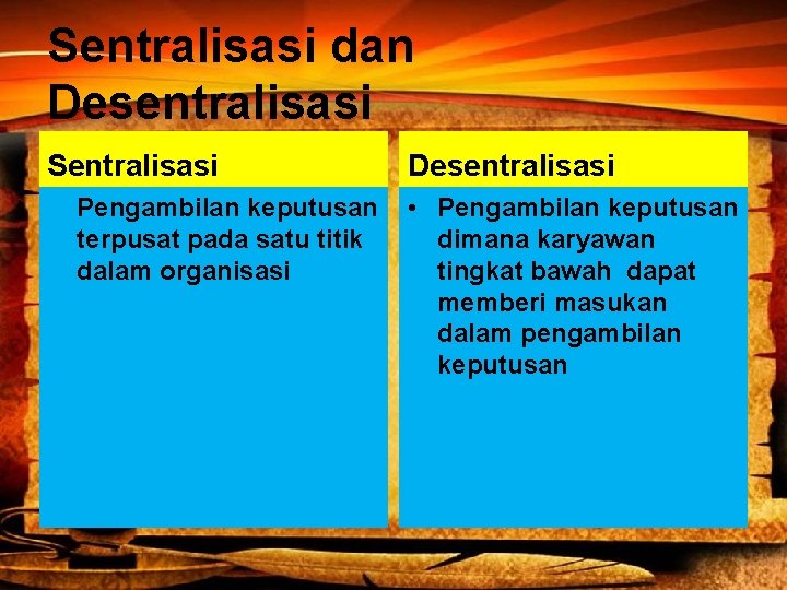 Sentralisasi dan Desentralisasi Sentralisasi Pengambilan keputusan terpusat pada satu titik dalam organisasi Desentralisasi •